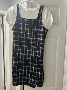 SO Black and White Plaid Square-Neck Pinafore Dress with Cream Tee
